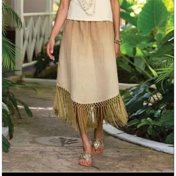 Soft Surroundings Women's XL Fiesta Pull On Skirt Linen Ombre Piano Fringe $90 - Picture 1 of 12